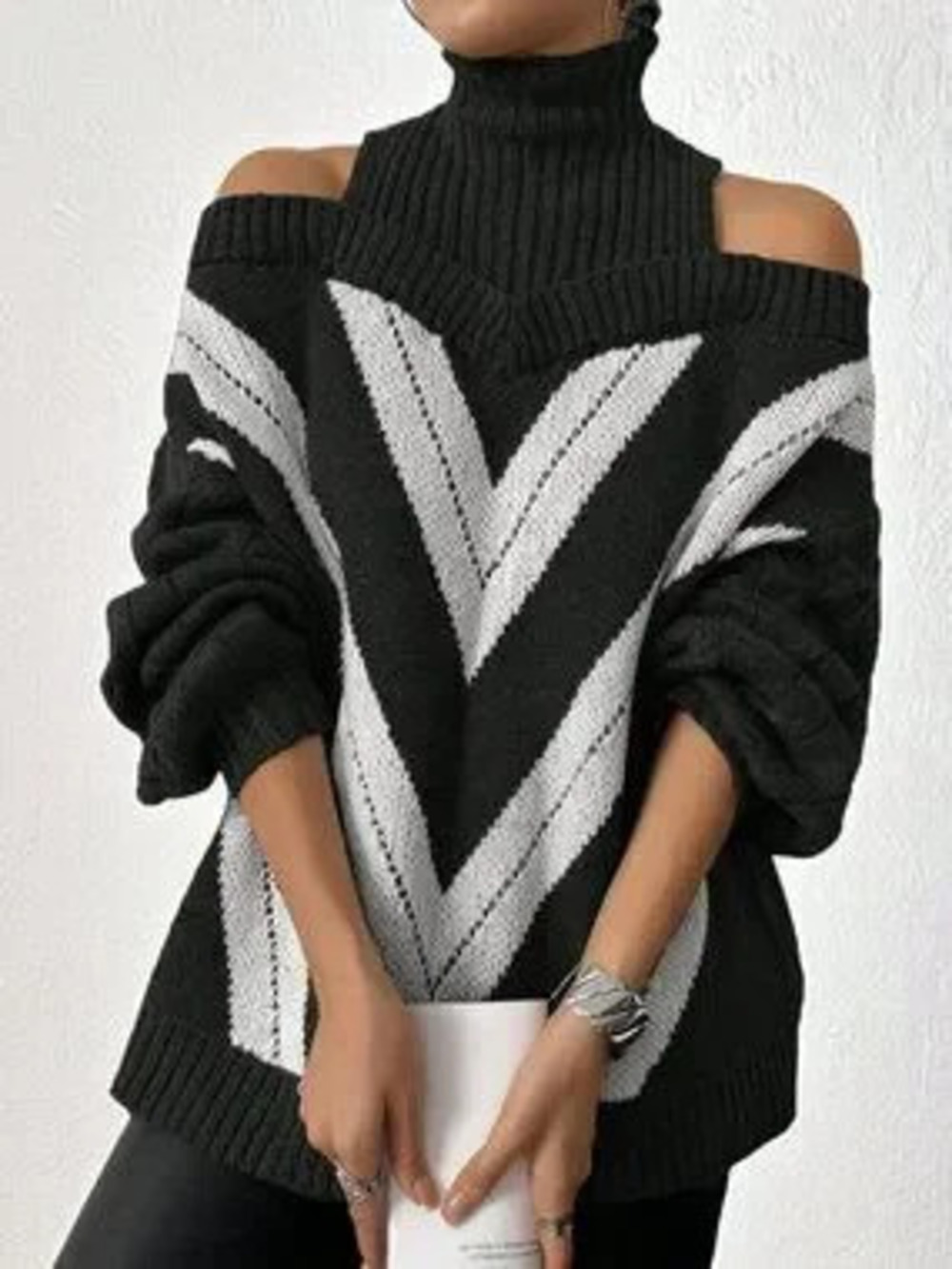 Black Casual Women's Loose Fit Stand Collar Cut Out Cold Shoulder Pullovers - Picture 9 of 9
